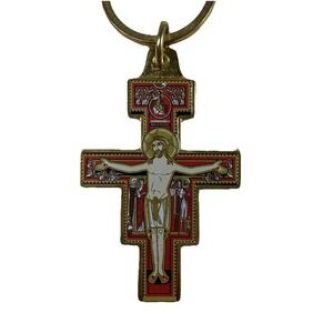 St. Francis Of Assisi Large Cross Keychain Gold Tone With Colored Print